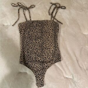 Leopard Print Tie-Strap Bodysuit in Tan and Black